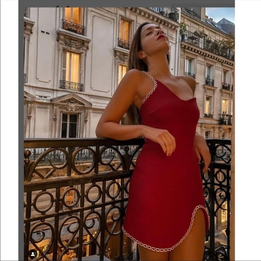 New Zara Chain Trim Asymmetric Mini Dress Red - Picture 9 of 15